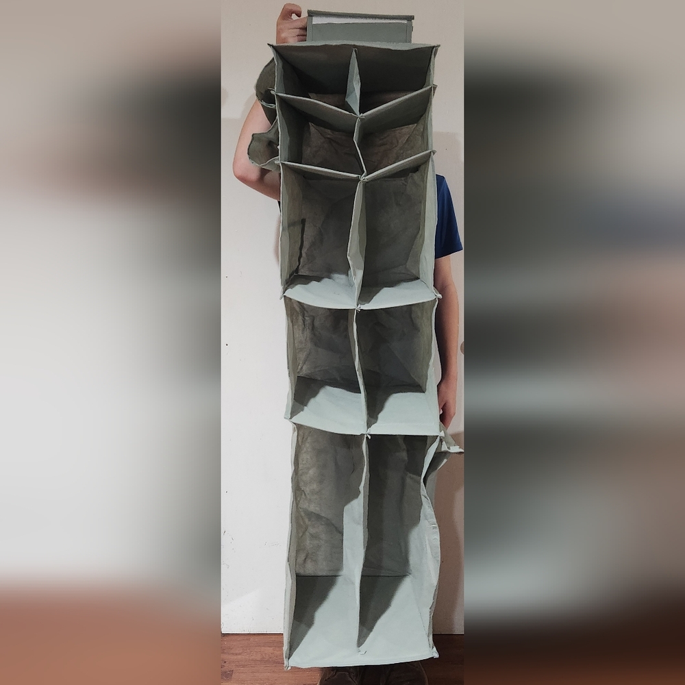 Grey hanging closet organizer